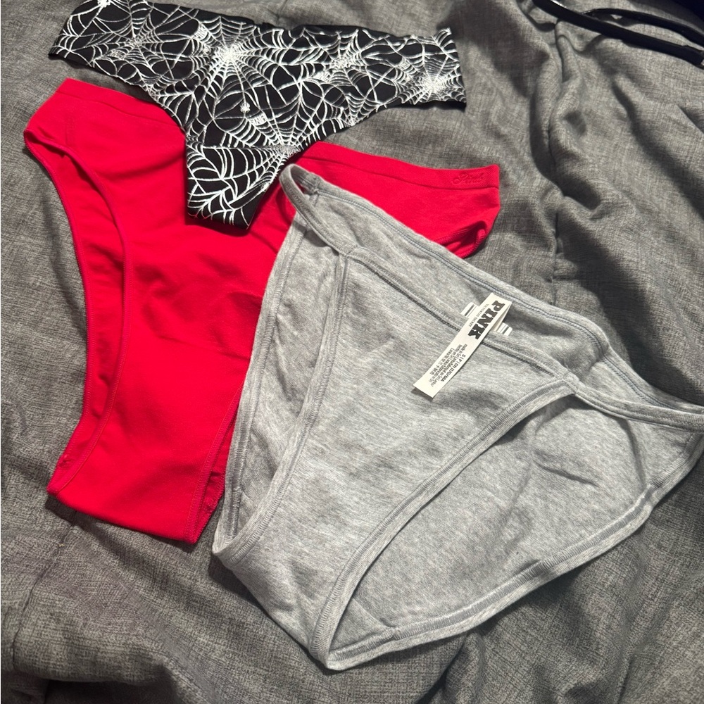 PINK Victoria's Secret Panties in Red, Black Pattern, and Gray